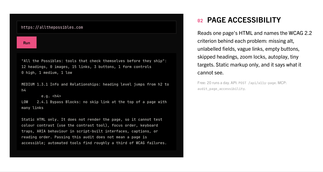 The Page accessibility tool on the Designers homepage, with its example input and result