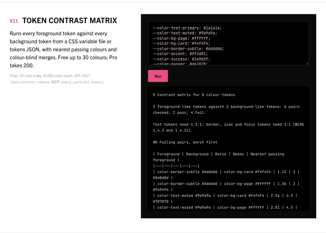 The Token contrast matrix tool on the Designers homepage, with its example input and result