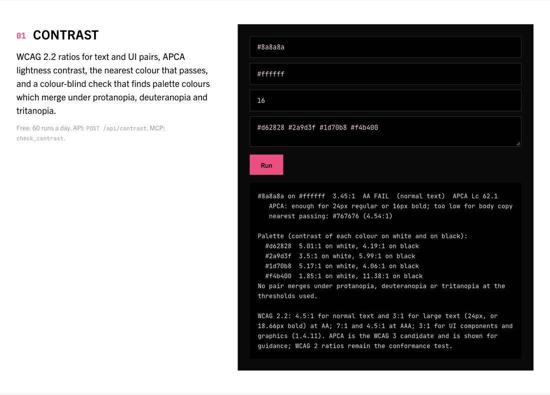 The Contrast tool on the Designers homepage, with its example input and result