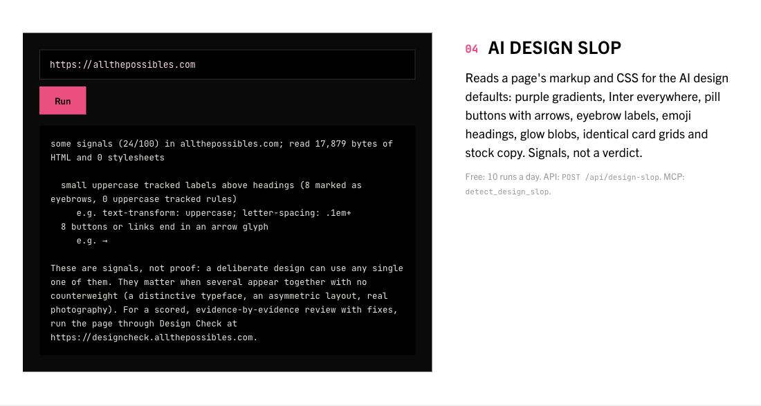 The AI design slop tool on the Designers homepage, with its example input and result