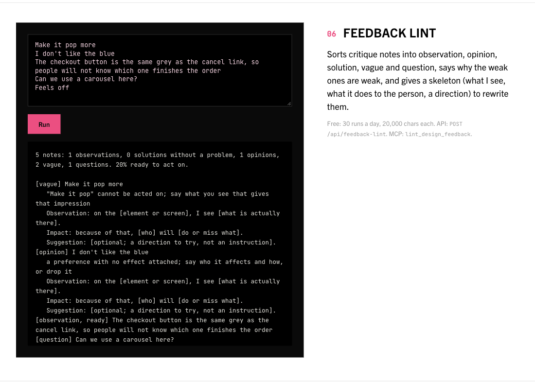 The Feedback lint tool on the Designers homepage, with its example input and result