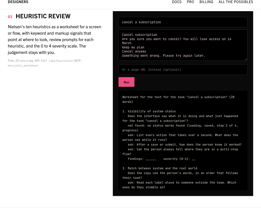 The Heuristic review tool on the Designers homepage, with its example input and result