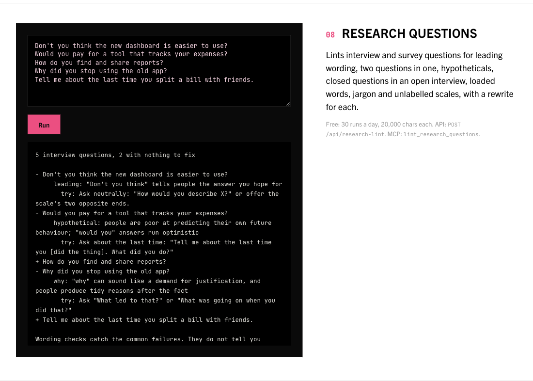 The Research questions tool on the Designers homepage, with its example input and result