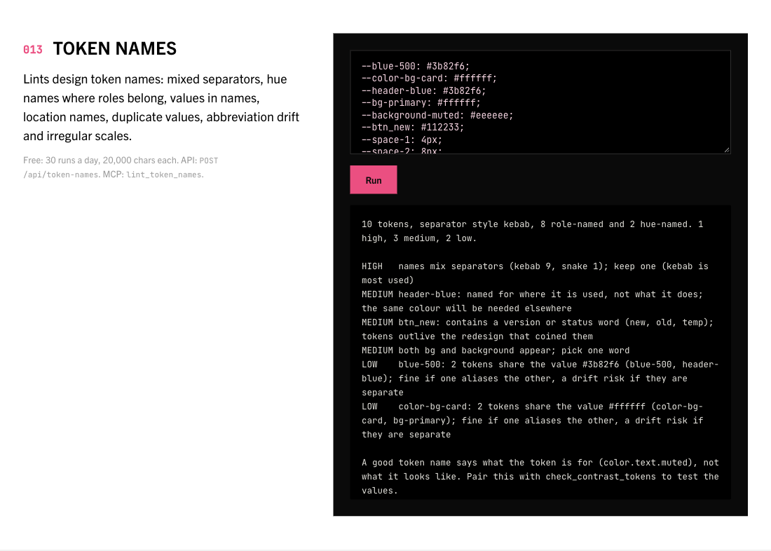 The Token names tool on the Designers homepage, with its example input and result