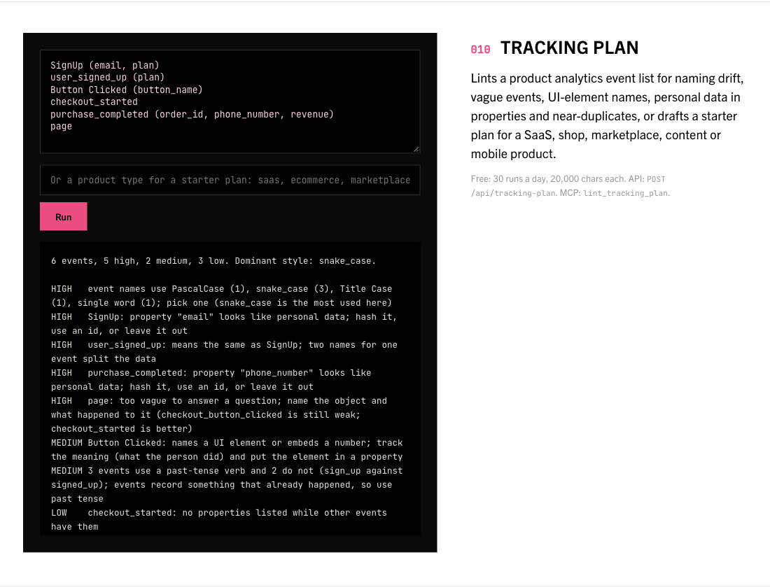 The Tracking plan tool on the Designers homepage, with its example input and result