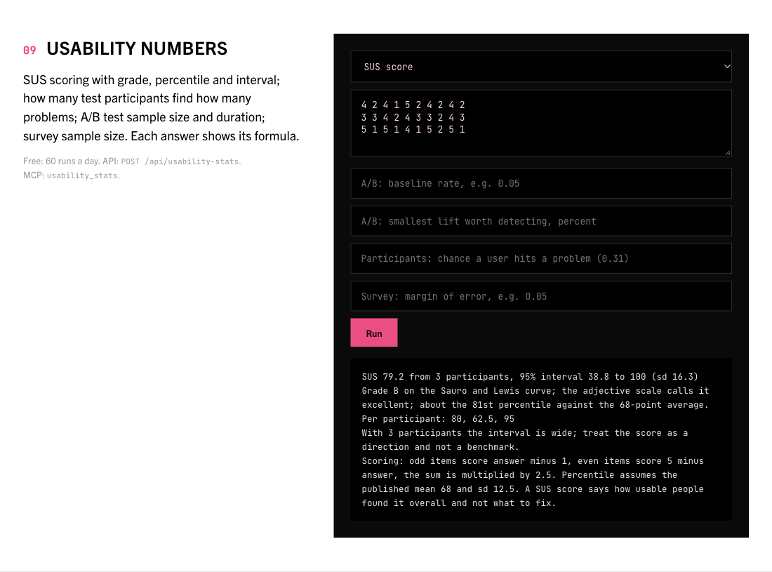 The Usability numbers tool on the Designers homepage, with its example input and result